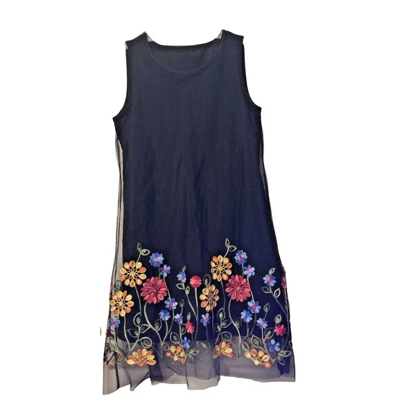 Dresses & Skirts - Shein Dress 6 Medium Sleeveless Black Toile Overlay Multi Embmroidered Flowers